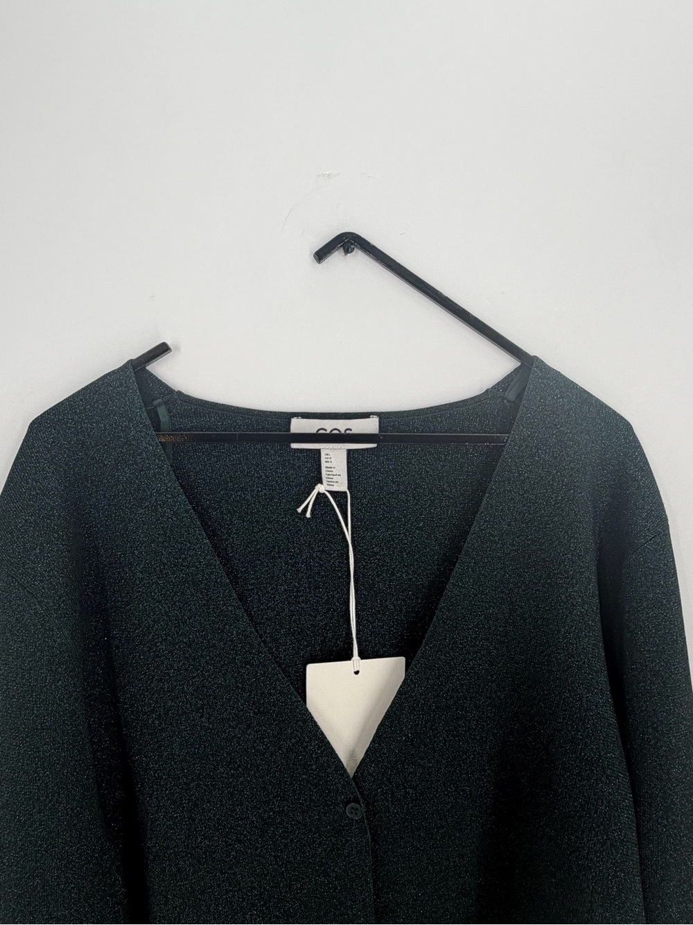 Cos Minimal Cropped V Neck Sparkly Metallic Single Button Teal Green Cardigan